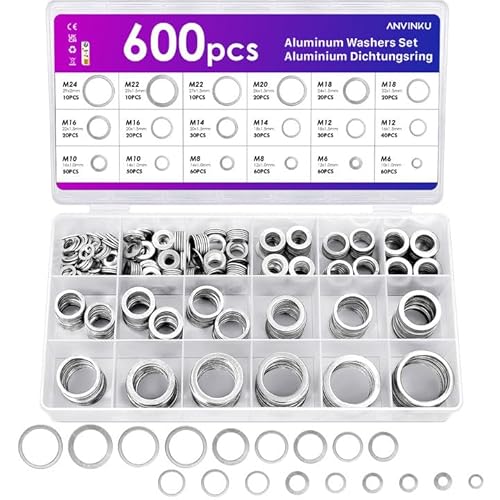 ANVINKU 600 Stück Aluminium Dichtungsring, 18 Größen Ölablassschraube Dichtung, M6-M24 Dichtungsringe Set, Unterlegscheiben Set, Ölablassschrauben Sortiment für Reparatur Hydraulik ANVINKU 600 Stück Aluminium Dichtungsring, 18 Größen Ölablassschraube Dichtung, M6-M24 Dichtungsringe Set, Unterlegscheiben Set, Ölablassschrauben Sortiment für Reparatur Hydraulik von ANVINKU