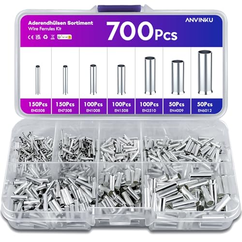 ANVINKU 700 Stück Aderendhülsen Set, 7 Arten Unisoliert Aderendhülsen Sortiment, 10-22 AWG Unisolierte Aderendhülsens Set für DIY elektrische Projekt (0,5/0,75/1/1,5/2,5/4,0/6,0mm²) von ANVINKU