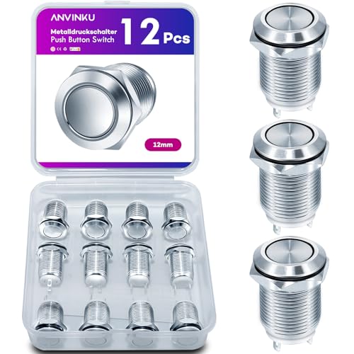 ANVINKU Drucktaster 12 Stück, 12mm Taster, Wasserdichte Tastschalter, 2A/12V/24V/125V/250V Druckschalter, Flachkopf Druckschalter für hupen, Auto Runde ANVINKU Drucktaster 12 Stück, 12mm Taster, Wasserdichte Tastschalter, 2A/12V/24V/125V/250V Druckschalter, Flachkopf Druckschalter für hupen, Auto Runde von ANVINKU