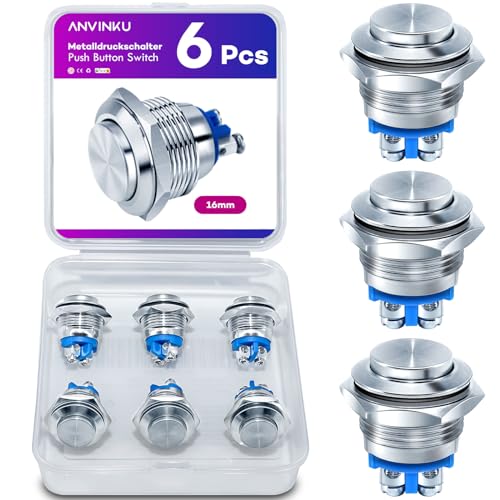 ANVINKU Drucktaster 6 Stück, 16mm Taster, Wasserdichte Tastschalter, 2A/12V/24V/125V/250V Druckschalter, Hervorstehend Druckschalter für hupen, Auto Runde ANVINKU Drucktaster 6 Stück, 16mm Taster, Wasserdichte Tastschalter, 2A/12V/24V/125V/250V Druckschalter, Hervorstehend Druckschalter für hupen, Auto Runde von ANVINKU