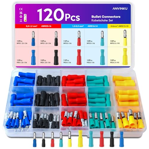 ANVINKU Kabelschuhe Set 120 Stück, 60 Stück Rundstecker und 60 Stück Rundsteckverbinder Quetschverbinder Sortiment, 0.5-6.0mm² Kabelschuhe Rund für Kfz, Bullet Stoßverbinder(5 Typen Farben) von ANVINKU