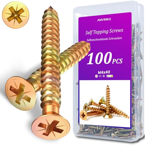 ANVINKU Schrauben Set 100 Stück, M4 x 40 mm Holzschrauben Set, Farbe Zink Holzschrauben Sortiment, Selbstschneidende Schrauben 40 mm, M4 Schrauben Set Holz, Schrauben Sortiment für Reparatur ANVINKU Schrauben Set 100 Stück, M4 x 40 mm Holzschrauben Set, Farbe Zink Holzschrauben Sortiment, Selbstschneidende Schrauben 40 mm, M4 Schrauben Set Holz, Schrauben Sortiment für Reparatur von ANVINKU