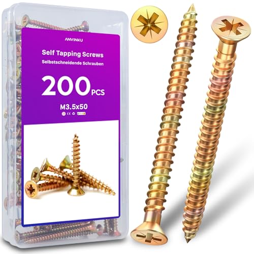 ANVINKU Schrauben Set 200 Stück, M3.5 x 50 mm Holzschrauben Set, Farbe Zink Holzschrauben Sortiment, Selbstschneidende Schrauben 50 mm, M3.5 Schrauben Set Holz, Schrauben Sortiment für Reparatur ANVINKU Schrauben Set 200 Stück, M3.5 x 50 mm Holzschrauben Set, Farbe Zink Holzschrauben Sortiment, Selbstschneidende Schrauben 50 mm, M3.5 Schrauben Set Holz, Schrauben Sortiment für Reparatur von ANVINKU