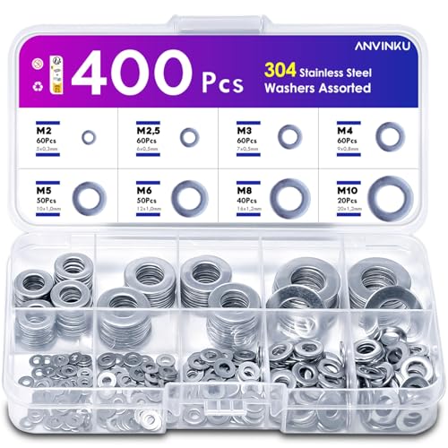 ANVINKU Unterlegscheiben Set, 400 Stück Flach Unterlegscheiben Edelstahl, 8 Größen Beilagscheiben Sortiment, Edelstahl Unterlegscheiben für Schrauben, Unterlegscheibe M2 M2.5 M3 M4 M5 M6 M8 M10 ANVINKU Unterlegscheiben Set, 400 Stück Flach Unterlegscheiben Edelstahl, 8 Größen Beilagscheiben Sortiment, Edelstahl Unterlegscheiben für Schrauben, Unterlegscheibe M2 M2.5 M3 M4 M5 M6 M8 M10 von ANVINKU