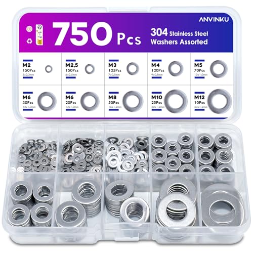 ANVINKU Unterlegscheiben Set, 750 Stück Flach Unterlegscheiben Edelstahl, 9 Größen Beilagscheiben Sortiment, Edelstahl Unterlegscheiben für Schrauben, Unterlegscheibe M2 M2.5 M3 M4 M5 M6 M8 M10 M12 ANVINKU Unterlegscheiben Set, 750 Stück Flach Unterlegscheiben Edelstahl, 9 Größen Beilagscheiben Sortiment, Edelstahl Unterlegscheiben für Schrauben, Unterlegscheibe M2 M2.5 M3 M4 M5 M6 M8 M10 M12 von ANVINKU
