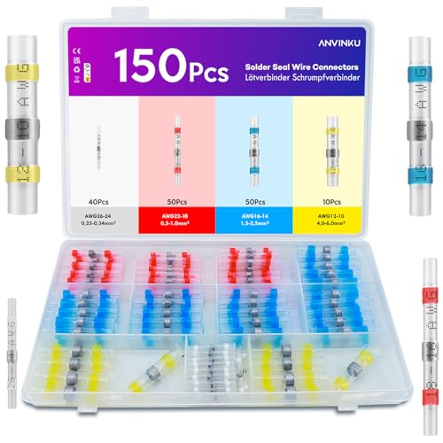 Lötverbinder Schrumpfverbinder Set, ANVINKU 150 Stück Kabelverbinder Wasserdicht, 4 Types Kabel Lötverbinder mit Schrumpfschlauch für Schiffsfahrzeug-Elektrotechnik, Lötverbinder Set von ANVINKU