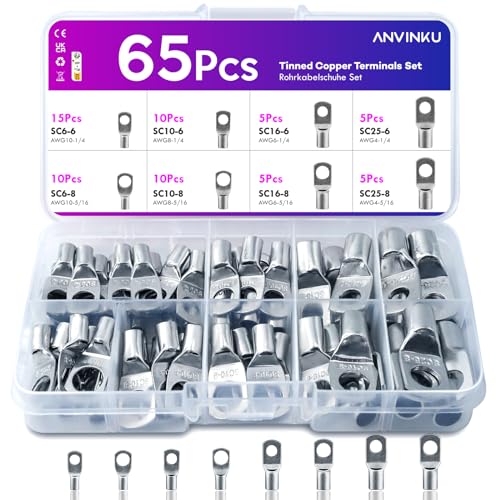 Rohrkabelschuhe 65 Stück, ANVINKU 25mm² 16mm² 10mm² 6mm² Kabelschuhe Set für Kfz Batteriekabel Set, Rohrkabelschuhe Set Sortiment, SC Rohrkabelschuh Set, Kabelschuhe für Kfz Auto Boote von ANVINKU
