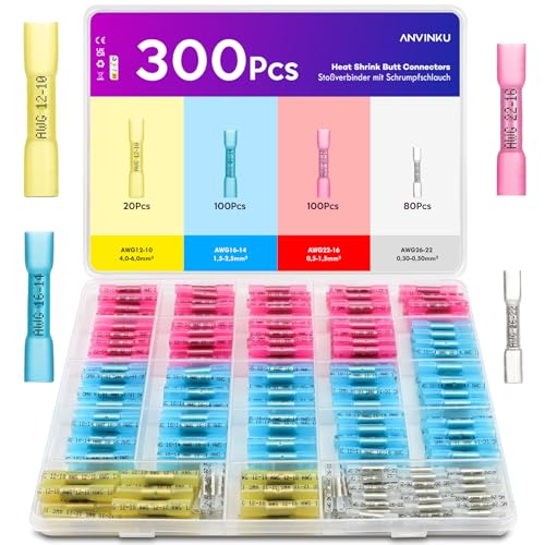 Stoßverbinder, ANVINKU 300 Stück Quetschverbinder mit Schrumpfschlauch Set, 10-26 AWG Kabelverbinder Wasserdicht Set, 4 Arten von Quetschverbinder Wasserdicht, Stossverbinder für KFZ, Boot, Marine Stoßverbinder, ANVINKU 300 Stück Quetschverbinder mit Schrumpfschlauch Set, 10-26 AWG Kabelverbinder Wasserdicht Set, 4 Arten von Quetschverbinder Wasserdicht, Stossverbinder für KFZ, Boot, Marine von ANVINKU