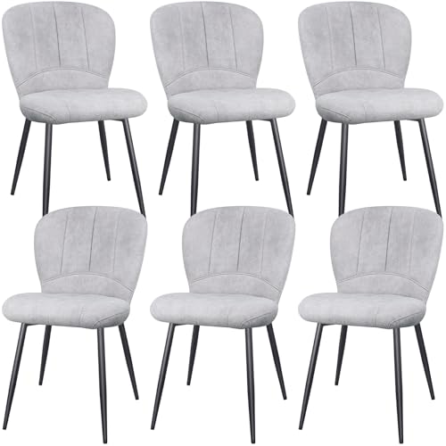 ANVOFONG Esszimmerstühle 6er Set, Küchenstühle, Polsterstuhl, Stoffrückenlehne mit Schwarzem Metall Beine, für Esszimmer, Wohnzimmer, Schlafzimmer, Hellgrau. von ANVOFONG