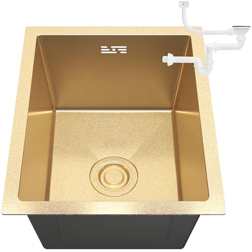 ANW HOME Unterbau-Spüle Gold 37x45 cm mit Siphon, Siebkorb und Überlauf-Set, Edelstahl-Spüle 304 Einzelbecken Aufbauvariante von ANW HOME