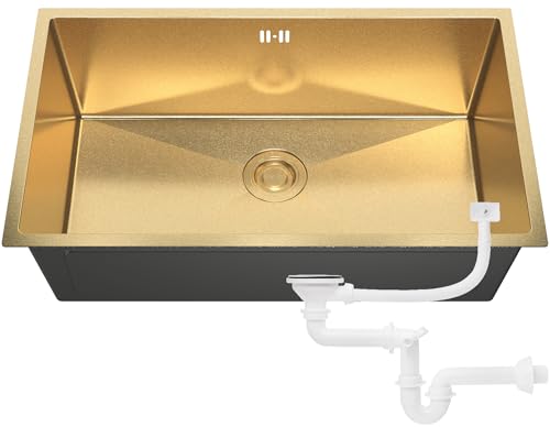 ANW HOME Unterbau-Spüle Gold 74x44 cm mit Siphon, Siebkorb und Überlauf-Set, Edelstahl-Spüle 304 Einzelbecken Aufbauvariante ANW HOME Unterbau-Spüle Gold 74x44 cm mit Siphon, Siebkorb und Überlauf-Set, Edelstahl-Spüle 304 Einzelbecken Aufbauvariante von ANW HOME