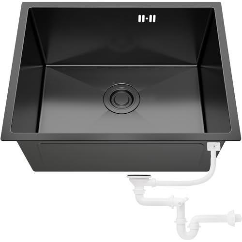 ANW HOME Unterbau-Spüle Graphite 54x44 cm mit Siphon, Siebkorb und Überlauf-Set, Edelstahl-Spüle 304 Einzelbecken Aufbauvariante von ANW HOME