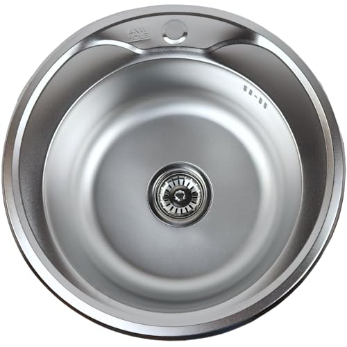 ANW HOME Spülbecken Küche Rund Ø49 cm Satin mit Siphon, Waschbecken Küche Edelstahl mit Hahnloch, Spüle Spülbecken Edelstahl, Edelstahlspüle Einbauspüle, Klein Küchenspülen, Spüle Küche von ANW HOME