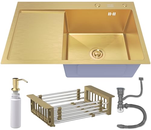 Einbecken Spülbecken mit Abtropfbecken 78x50R Gold + Aksesorie Einbecken Spülbecken mit Abtropfbecken 78x50R Gold + Aksesorie von ANW HOME