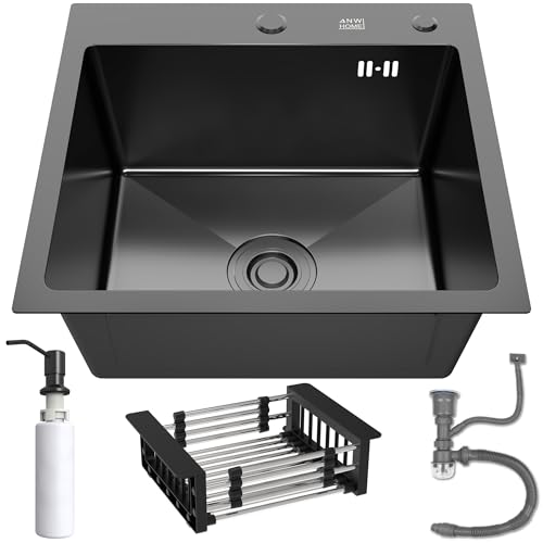 ANW HOME Spülbecken Küche Graphit 46x45 cm mit Siphon, Abtropfgestell & Seifenspender 350ml, Waschbecken Küche Edelstahl 304 mit 2 HahnLöcher, Spüle Spülbecken Edelstahl von ANW HOME