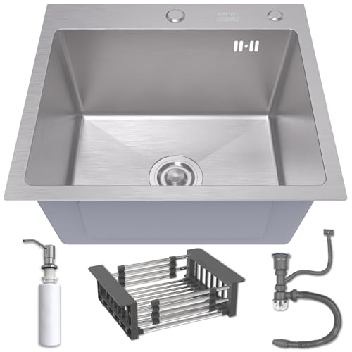 ANW HOME Spülbecken Küche 50x45 cm mit Siphon, Abtropfgestell & Seifenspender 350ml, Waschbecken Küche Edelstahl 304 mit 2 HahnLöcher, Spüle Spülbecken Edelstahl, Edelstahlspüle Einbauspüle von ANW HOME