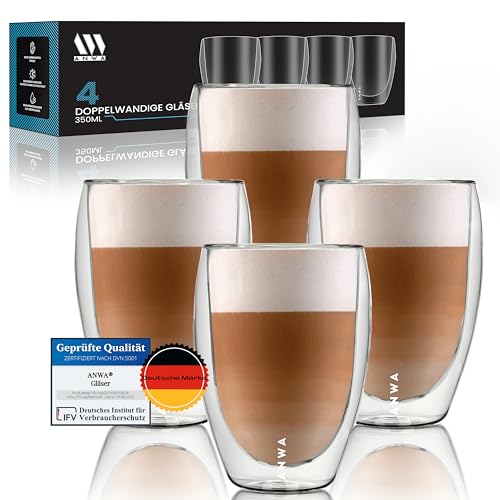 ANWA® 4 Doppelwandige Thermogläser (350ml Volumen) - Kaffeegläser - Cappuccino Gläser - Latte Macchiato Gläser von ANWA