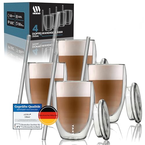 ANWA® 4 Doppelwandige Thermogläser (350ml Volumen) inkl. 4 Deckel & 4 Glasstrohhalme - Kaffeegläser - Cappuccino Gläser - Latte Macchiato Gläser von ANWA