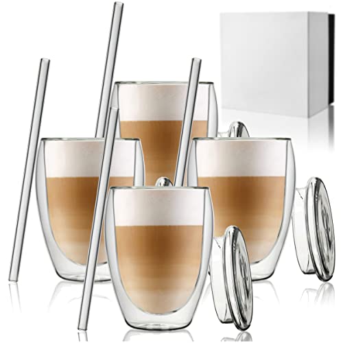 ANWA® DESIGN 4 Doppelwandige Kaffeegläser/Thermogläser (350ml Volumen) mit Deckel, inkl. 4 Glasstrohhalme - Cappuccino Gläser - Latte Macchiato Gläser doppelwandig von ANWA
