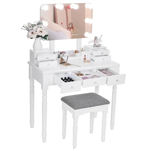 ANWBROAD Schminktisch mit Spiegel und 8 LED-Leuchten, Schminkkommode 7 Schublade & 5 offenen Fächern, Schminktisch mit großer Schublade, 80x40x135.5cm, 3 einstellbare Beleuchtungsstärken, Weiß BDT03W von ANWBROAD