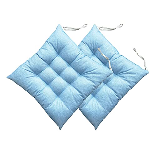 Stuhlkissen für die Küche mit Bändern 2er-Set Stuhlpolster aus Leinen Sitzpolster dick gepolstertes Sitzkissen für den Heimboden die Terrasse den Garten oder das Büro (Hellblau 45 x 45 x 8 cm) von ANWEALTH
