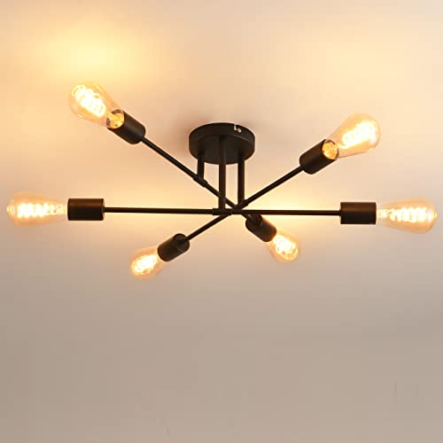 ANWIO Deckenlampe Vintage Deckenleuchte Retro - 6 Flammig Wohnzimmerlampe Industrial E27 Schwarz aus Metall Schlafzimmerlampe für Schlafzimmer Küche Esszimmer Wohnzimmer (ohne Leuchtmittel) von ANWIO