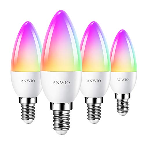 ANWIO Smart LED Lampe E14, RGB Alexa Dimmbar LED Leuchtmittel 5W Wlan Bluetooth Birne Kerzen, ersetzt 40W, 470LM, kompatibel mit Echo and Google Assistant (4er Pack) von ANWIO
