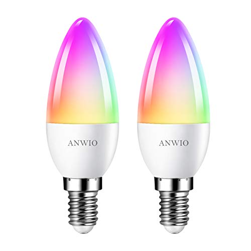 ANWIO E14 Smart LED Lampe, Alexa Smart Dimmbar Glühbirnen RGB, 5W ersetzt 40W, 470LM, WiFi LED Birne Kerzen C37, kompatibel mit Alexa, Echo and Google Assistant, dimmbar via Tuya App (2er Pack) von ANWIO