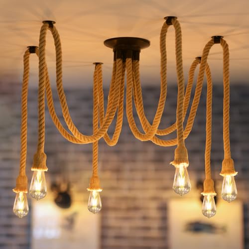 ANWIO Hanfseil Deckenlampe Pendelleuchte Spinne Kronleuchter Hanfseil DIY Deckenleuchte Retro Hängelampe Pendellampe E27 für Speisesaal Schlafzimmer Wohnzimmer Esszimmer Hotel Dekoration (6 Flammig) von ANWIO