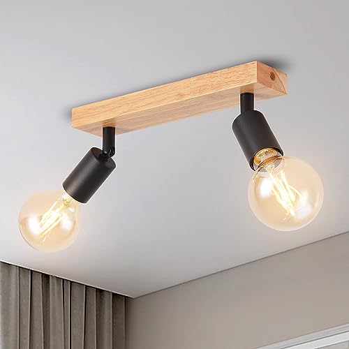 ANWIO LED Deckenstrahler Schwarz Holz Deckenstrahler 2 Flammig Deckenlampe E27 Deckenleuchte LED deckenlampe schwarz Vintage Wandlampe für Wohnzimmer Schlafzimmer Küche kinderzimmer Ohne Leuchtmittel von ANWIO