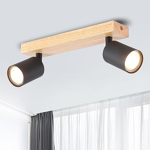 ANWIO LED Deckenstrahler Schwarz Holz Deckenstrahler 2 Flammig Deckenlampe GU10 Deckenleuchte LED deckenlampe schwarz Vintage Wandlampe mit 4W Birne für Wohnzimmer Schlafzimmer Küche kinderzimmer von ANWIO