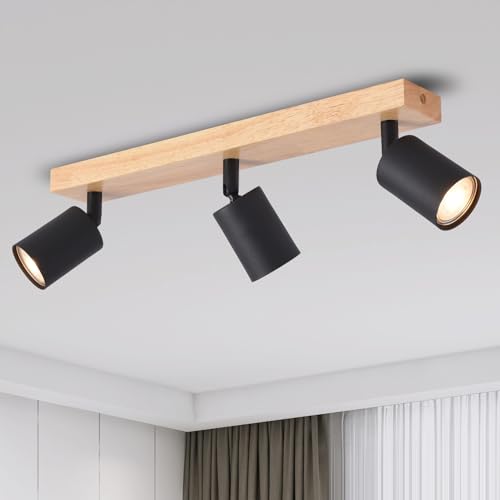 ANWIO LED Deckenstrahler Schwarz Holz Deckenspots 3 Flammig Deckenlampe GU10 Deckenleuchte LED Schwarz Vintage Wandlampe für Wohnzimmer Schlafzimmer Küche Ohne Leuchtmittel EUS-EA190812-10-03RB-1U von ANWIO
