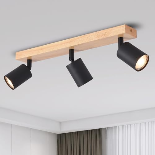 ANWIO LED Deckenstrahler Schwarz Holz Deckenstrahler 3 Flammig Deckenlampe GU10 Deckenleuchte LED deckenlampe schwarz Vintage Wandlampe für Wohnzimmer Schlafzimmer Küche kinderzimmer Ohne Leuchtmittel von ANWIO