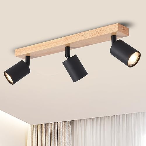 ANWIO LED Deckenstrahler Schwarz Holz Deckenstrahler 3 Flammig Deckenlampe GU10 Deckenleuchte LED deckenlampe schwarz Vintage Wandlampe mit 4W Birne für Wohnzimmer Schlafzimmer Küche kinderzimmer von ANWIO