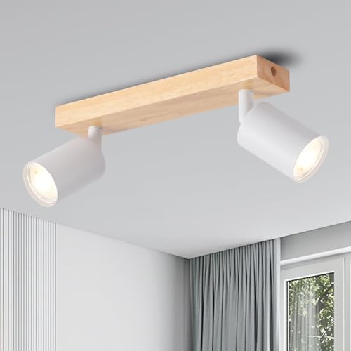 ANWIO LED Deckenstrahler Weiß Holz Deckenstrahler 2 Flammig Deckenlampe GU10 Deckenleuchte LED deckenlampe schwarz Vintage Wandlampe für Wohnzimmer Schlafzimmer Küche kinderzimmer Ohne Leuchtmittel von ANWIO