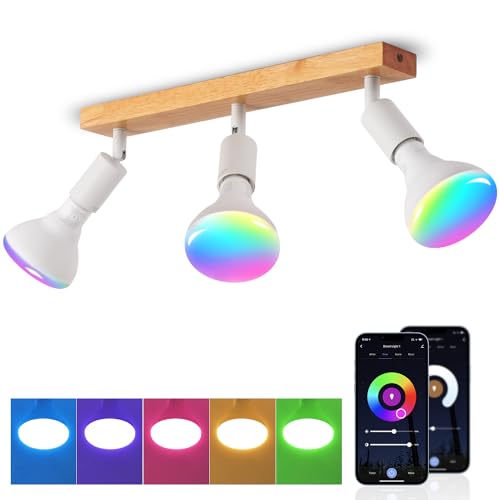 ANWIO LED Deckenstrahler Weiß Holz Deckenstrahler 3 Flammig Deckenlampe E27 Deckenleuchte LED deckenlampe schwarz Vintage Wandlampe mit 8.5W Smart Birne für Wohnzimmer Schlafzimmer Küche kinderzimmer von ANWIO