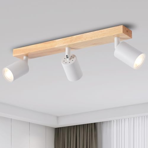 ANWIO LED Deckenstrahler Weiß Holz Deckenstrahler 3 Flammig Deckenlampe GU10 Deckenleuchte LED deckenlampe schwarz Vintage Wandlampe für Wohnzimmer Schlafzimmer Küche kinderzimmer Ohne Leuchtmittel von ANWIO