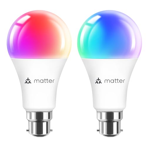 ANWIO Matter B22 Smart Glühbirne, 13W Alexa Smart Glühbirne, Dimmbare RGB Glühlampe, 1521LM, Matter RGBTW Bajonett Glühbirnen, Sprachsteuerung mit Alexa, 2er Pack von ANWIO