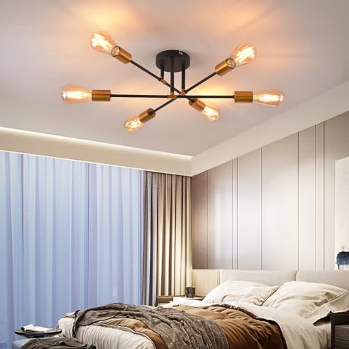 ANWIO Moderne 6 goldene Sputnik Licht, Mattschwarz einstellbar Sputnik Kronleuchter 6 Lichter mit E27 Basis, Industrie-Typ Kronleuchter für Schlafzimmer, Esszimmer, Wohnzimmer, Küche (NO Glühbirnen) von ANWIO