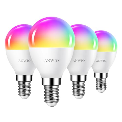 ANWIO Smarte WLAN Glühbirne E14 5W, Mehrfarbrige RGB Dimmbare Alexa Smarte Lampe 470LM, Smart Home Zubehör, Kompatibel mit Alexa, Google Assistant,Tuya App, Kein Hub notwendig, 4 Pack von ANWIO
