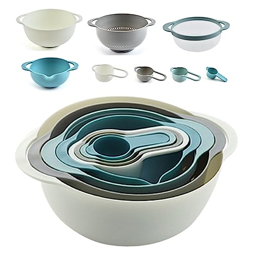 Rührschüssel 8er-Set,Kunststoff Salatschüssel Rutschfest Mit 2 X Rührschüssel,1 X Netzsieb,4 X Messbecher,1x Sieb,Stapelbar Servierschalen,Messbecher-Set,Multifunktionsmisch Schüssel Für Küche (Blue) von ANYBOY