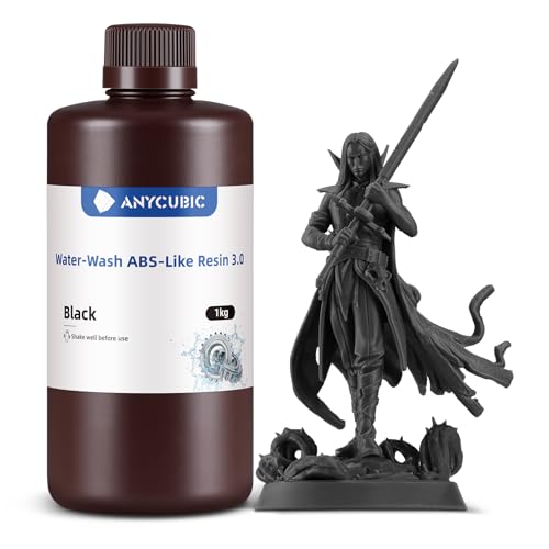 ANYCUBIC Wasser Waschbares ABS-Like Resin 3.0, 3D Drucker Resin mit Hohe Festigkeit und Zähigkeit, Geruchsarm, Hochpräzises 405nm UV-härtendes Harz für alle Harz 3D Drucker, Schwarz 1000g von ANYCUBIC