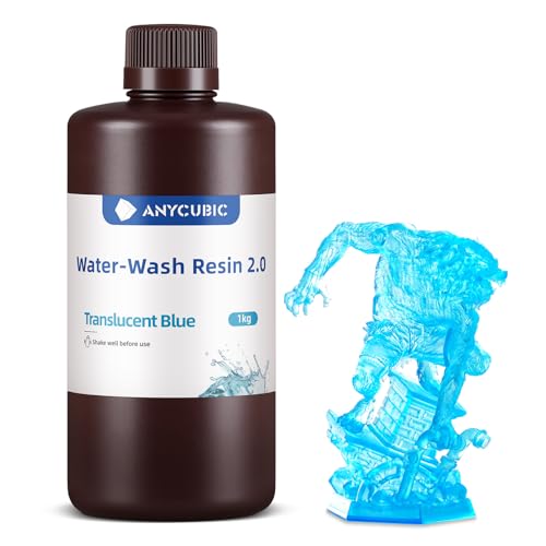 ANYCUBIC Wasser Waschbares Resin 2.0, 3D Drucker Harz Wasserlöslich, UV-Resin 405nm Standard Photopolymer Harz, Geringer Geruch, Geeignet für 4/6/8K LCD 3D-Drucker (Transluzent Blau, 1000g) von ANYCUBIC