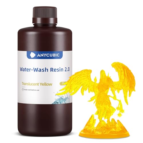 ANYCUBIC Wasser Waschbares Resin 2.0, 3D Drucker Harz Wasserlöslich, UV-Resin 405nm Standard Photopolymer Harz, Geringer Geruch, Geeignet für 4/6/8K LCD 3D-Drucker (Transluzent Gelb, 1000g) von ANYCUBIC