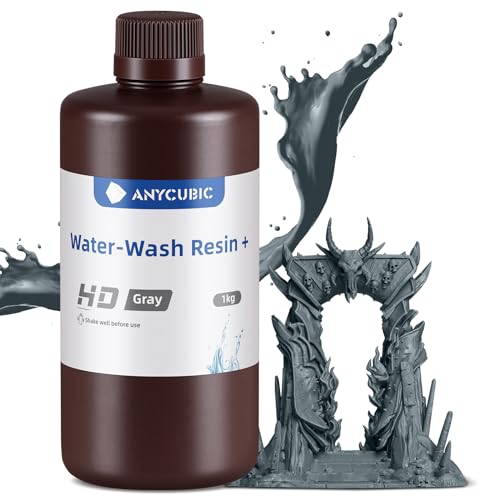 ANYCUBIC HD Wasser Waschbares Resin Plus, 3D Drucker Harz Wasserlöslich, UV-Resin 405nm Standard Photopolymer Harz, HD-Details, Geruchsarmh, für 4/6/8K LCD 3D-Drucker (HD-Grau, 1000g) von ANYCUBIC