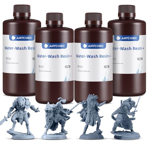 Water Washable Resin Plus, ANYCUBIC 3D Drucker Resin Wasser Abwaschbar, UV Resin 405nm Standard Photopolymer Harz Geringer Geruch für 4/6/8K Geeignet LCD 3D Printer (Grau, 1kg, 4pcs) von ANYCUBIC