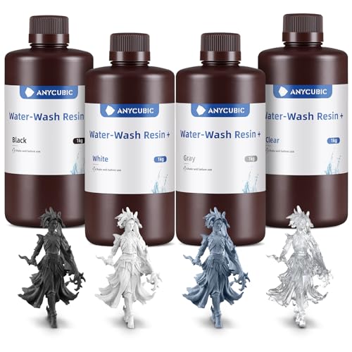 Water Washable Resin Plus, ANYCUBIC 3D Drucker Resin Wasser Abwaschbar, UV Resin 405nm Standard Photopolymer Harz Geringer Geruch für 4/6/8K Geeignet LCD 3D Printer (Schwarz+Weiß+Grau+Klar, 1kg, 4pcs) von ANYCUBIC