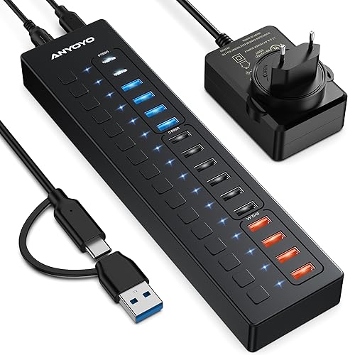 USB C Hub Aktiv, ANYOYO 16 In 1 USB 3.0 Hub mit Netzteil(60W) Powered USB Hub mit 4 Ladeanschluss，USB Data Hub mit 5Gps 2 USB C 3.0, 4 USB A 3.0, 6 USB A 2.0, USB C Lade Hub für MacBook, PC, iPad von ANYOYO