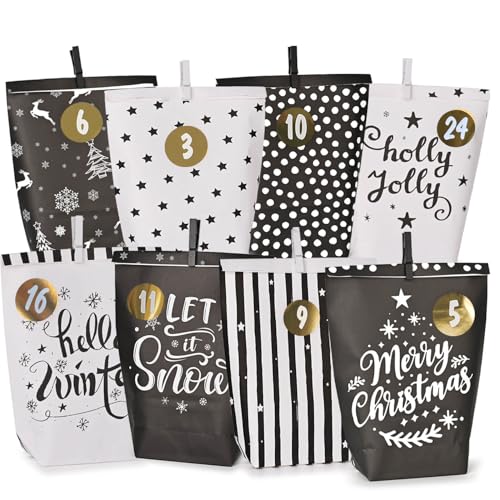 Adventskalender zum Befüllen - 24 Papier Adventstüten zum Basteln für Weihnachten -black & white Motiv-Papier Weihnachtstüten mit Zahlenaufkleber von ANYUNKEY