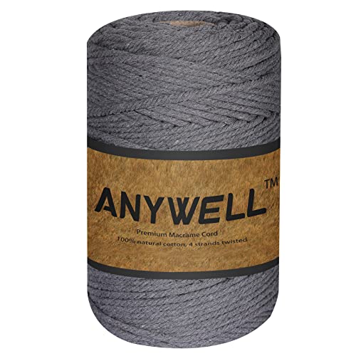 ANYWELL 3-6mm Dunkelgrau Makramee Garn 4mm x 218yards, Baumwollgarn Naturliches Baumwollkordel Baumwolle Garn Basteln für DIY Handwerk Basteln Wand Aufhängung Pflanze Aufhänger von ANYWELL